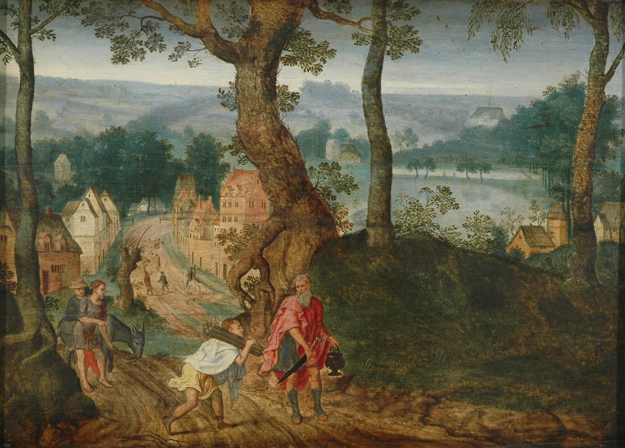 Maisema Abrahamin ja Iisakin kanssa, 1600-luvun puoliväli tekijältä Jacob Grimmer