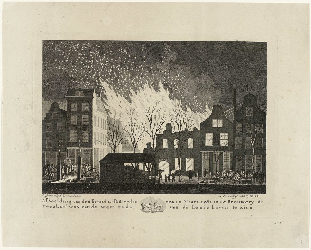 Tulipalo De Twee Leeuwen -panimossa Rotterdamissa, 1782 Kuva brändistä Rotterdamissa 19. maaliskuuta 1782 Brouwery de Twee Leeuwenissa Leuvehavenin länsipuolelta (otsikko esineessä) tekijältä Jacob Groenendijk