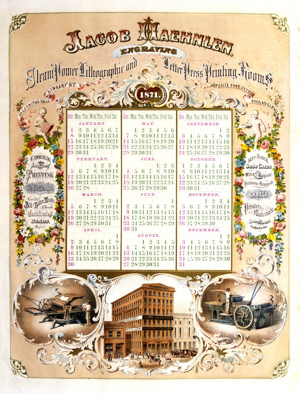 Jacob Haehlen Engravers - Kalenteri vuosille 1871, 1871 (litografia) tekijältä Jacob Haehnlen