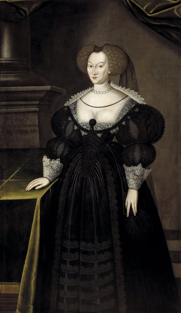 Marie Eleonore de Brandebourg, reine consort de Suede et de Finlande - Muotokuva Brandenburgin prinsessa Maria Eleonorasta (1599-1655), Ruotsin kuningattaresta, Elbfas, Jacob Heinrich (n. 1600-1664). Öljy kankaalle. Mitat: 174x102 cm. Tukholman kansallismu tekijältä Jacob Heinrich Elbfas