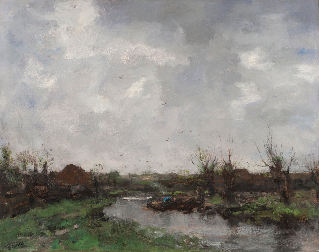 Jokimaisema maalaistaloineen, 1870-luvun lopulla tekijältä Jacob Henricus or Hendricus Maris
