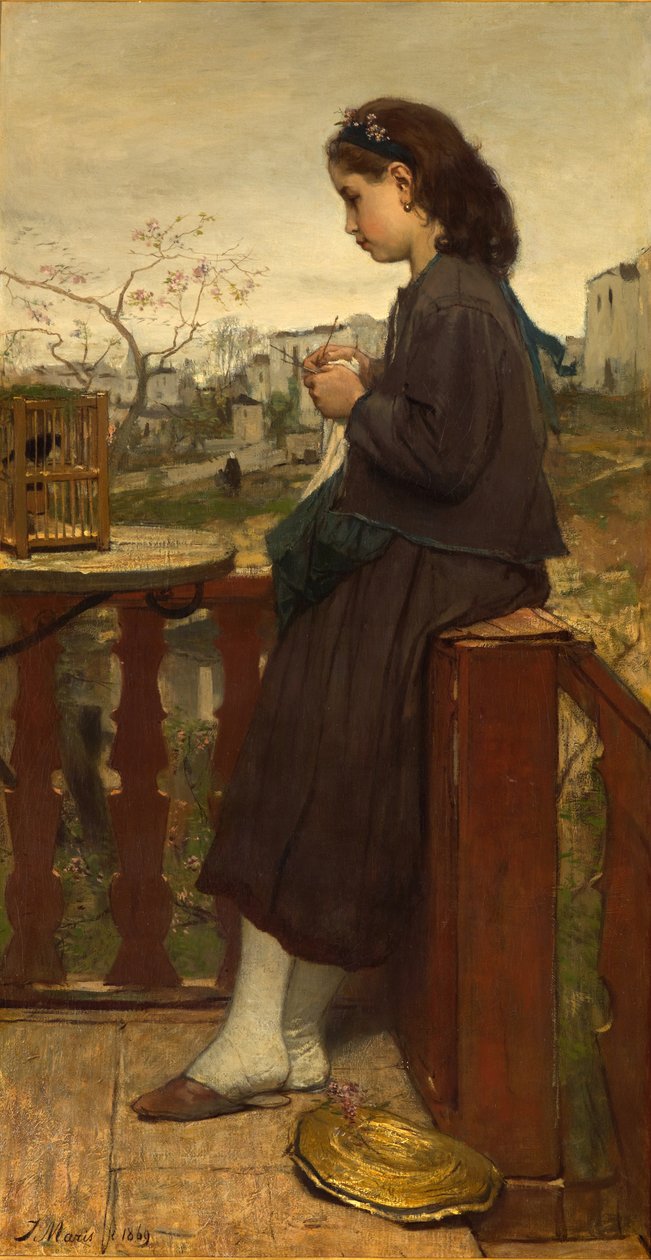Tyttö neuloa parvekkeella, Montmartre, 1869 tekijältä Jacob Henricus or Hendricus Maris