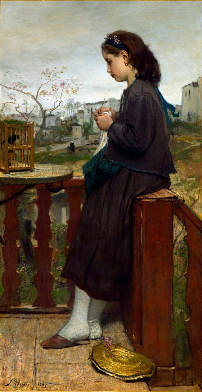 ""Nuori tyttö neuloa parvekkeella, Montmartre, Pariisi"" (Tyttö neuloa parvekkeella, Montmartre) Jacob Marisin (1837-1899) maalaus - 1869 - Öljy kankaalle Koko 110x75,7 cm Gemeentemuseum Den Haag tekijältä Jacob Henricus or Hendricus Maris