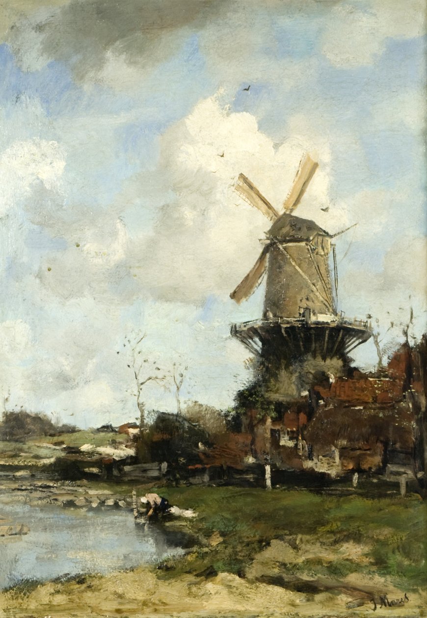 Mylly, hollantilainen maisema, n. 1880 (öljy kankaalle) tekijältä Jacob Henricus or Hendricus Maris