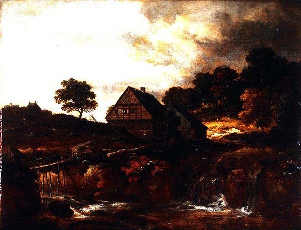 Metsäinen maisema talonpojan kanssa sillalla virtauksen yli tekijältä Jacob I. van (follower of) Ruisdael