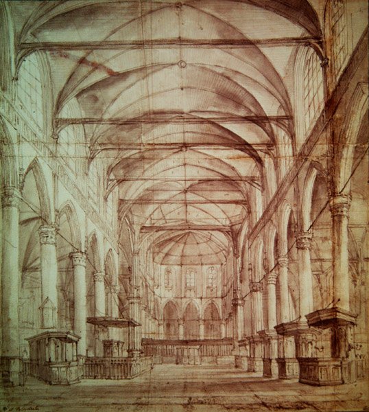 Sisäkuva Oude Kerkistä (vanha kirkko) Amsterdamissa (grafiitti ja intialainen muste paperille) tekijältä Jacob van Ruisdael