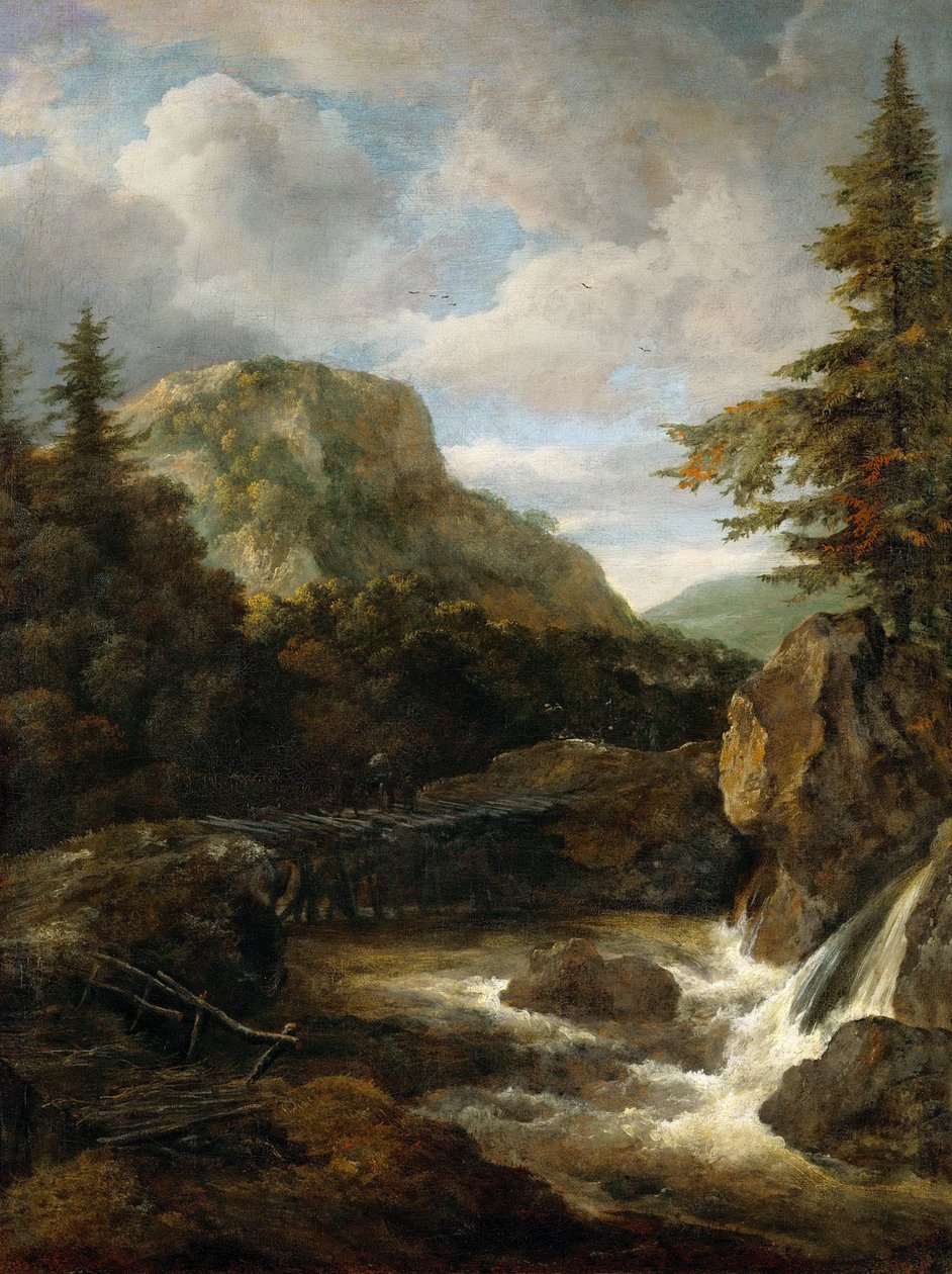 Vuoristomaisema ja vesiputous - Jacob Isaacksz van Ruisdael (1628/29-1682). Öljy kankaalle, n. 1675. Mitat : 62,5x45,5 cm. Taidehistoriallinen museo, Vienne tekijältä Jacob van Ruisdael