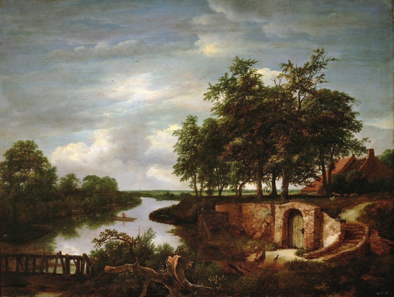 Jokimaisema kellarin sisäänkäynnillä - Jacob Isaacksz van Ruisdael (1628/29-1682). öljy puulle tekijältä Jacob van Ruisdael