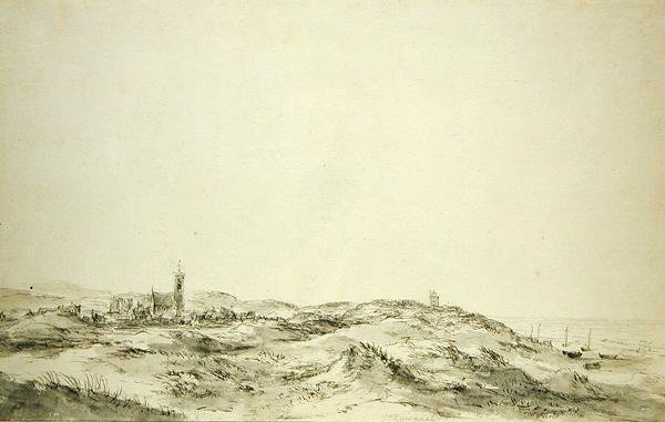 Wijk aan Zeen dyynit (musta liitu ja harmaa muste paperille) tekijältä Jacob van Ruisdael