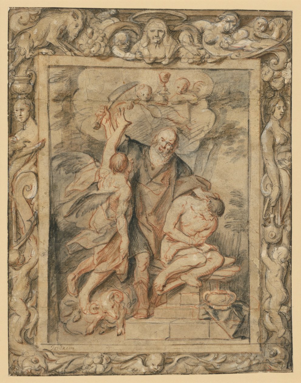 Iisakin uhraus (1. Moos. 22:1–12) figuratiivisessa reunuksessa tekijältä Jacob Jordaens