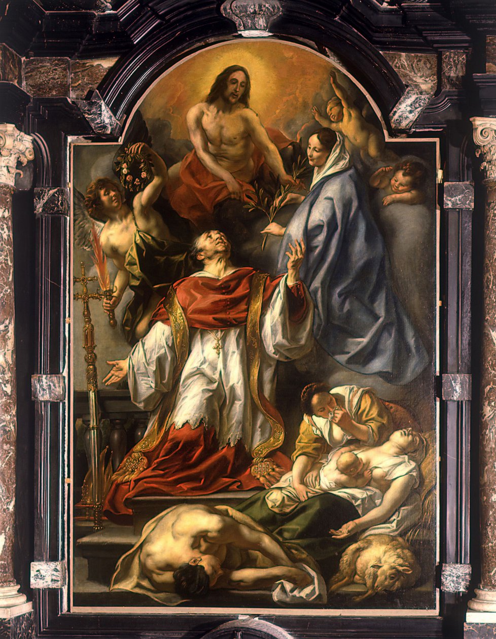 Hollanti: Pyhä Carolus Borromeus rukoilee ruttoa sairastavien puolesta Carolus Borromeus rukoilee ruttoa sairastavien puolesta. tekijältä Jacob Jordaens