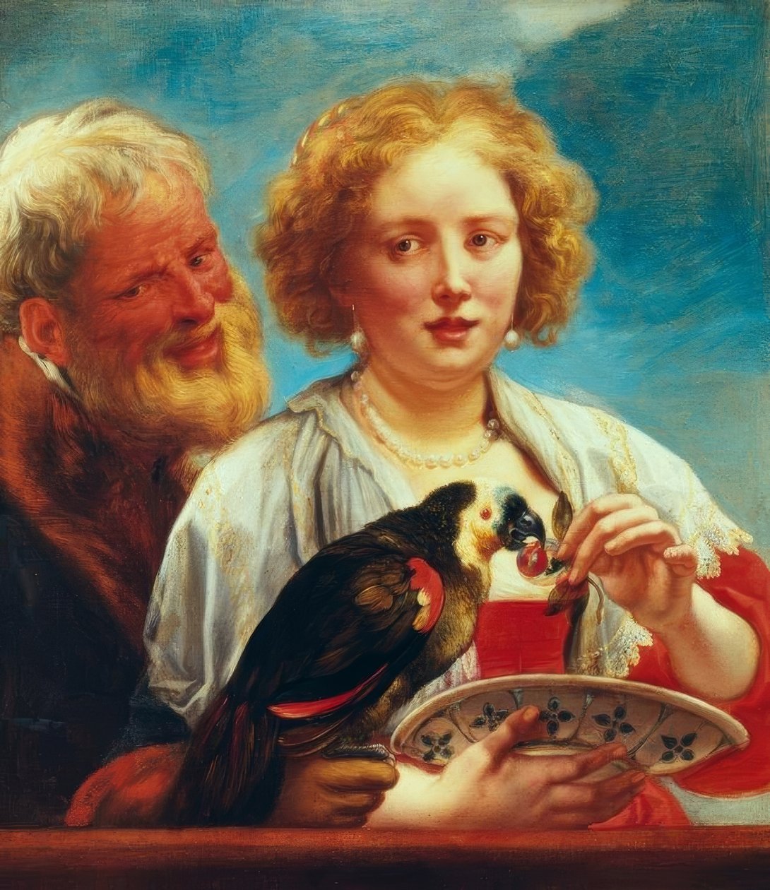 Nuori nainen vanhan miehen ja papukaijan kanssa tekijältä Jacob Jordaens