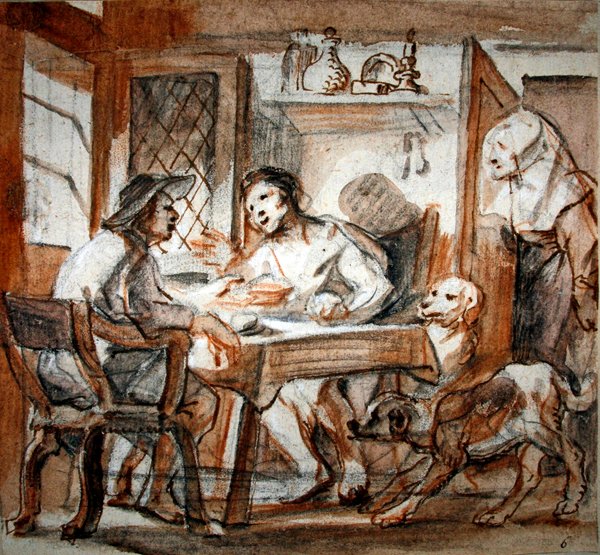 Esau myy esikoisoikeutensa Jaakobille (musta-punainen liitu, kynä ja ruskea muste, ruskea pesu, korotettu valkoisella) tekijältä Jacob Jordaens