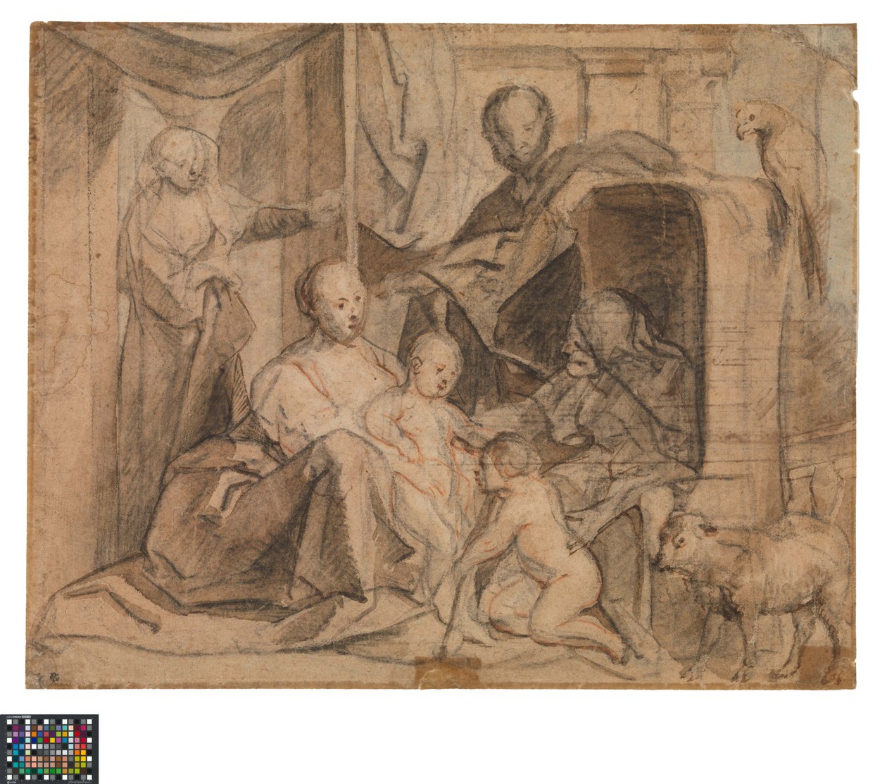 Saksa: Pyhä perhe, Elisabeth ja Johannes Kastaja (takana: ovi, oviaukko ja Hermes).
Hollanti: De Heilige Familie met Elisabeth en de kleine Johannes (keerzijde: Deur, deuropening en Hermes). tekijältä Jacob Jordaens