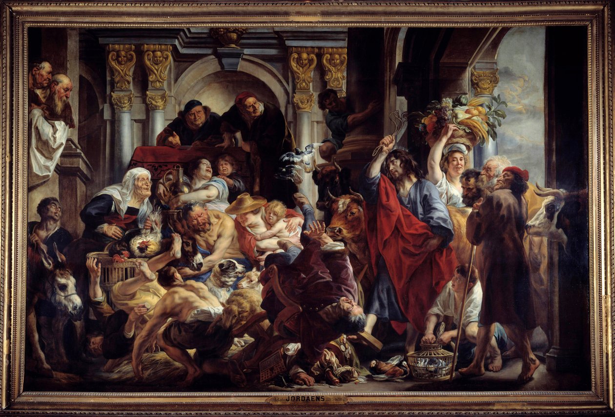 Jeesus jahtaa kauppiaita temppelistä Jacob Jordaensin (1593-1678) maalaus 1600-luvun su. 2,88 x 4,36 m. . tekijältä Jacob Jordaens