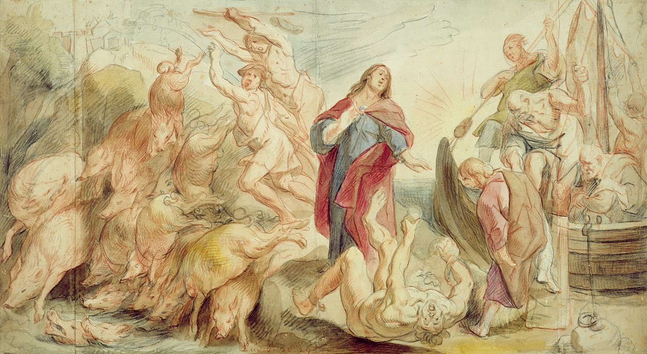 Jeesus ajoi paholaisen pois riivaatuista (liitu ja wc paperilla) tekijältä Jacob Jordaens