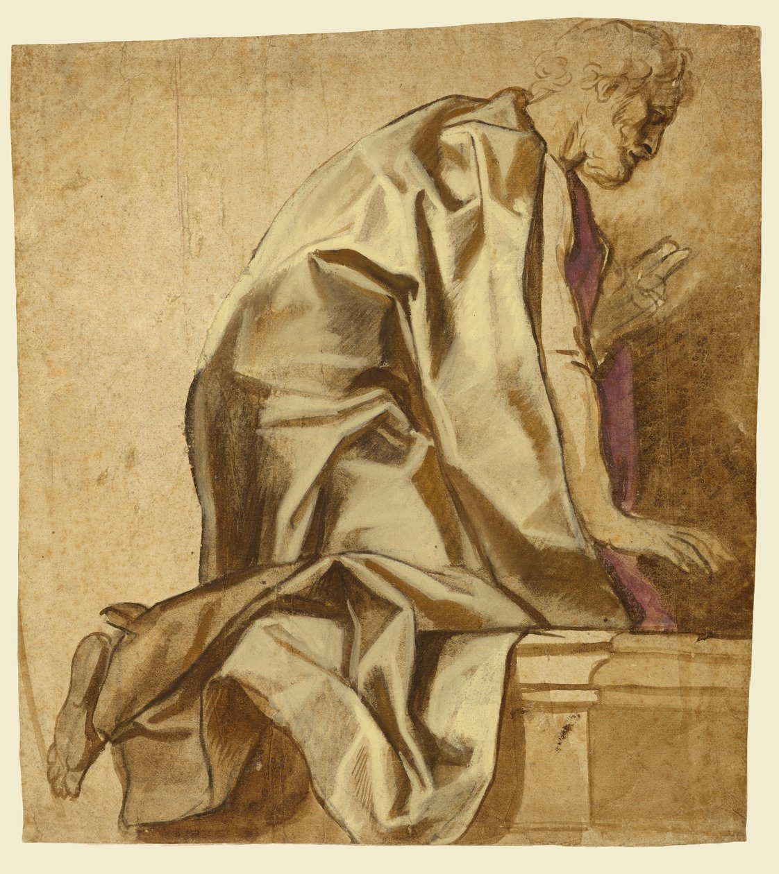 Mies polvistuneena, oikealle päin (etusivu); hahmoluonnoksia (kääntöpuoli). tekijältä Jacob Jordaens