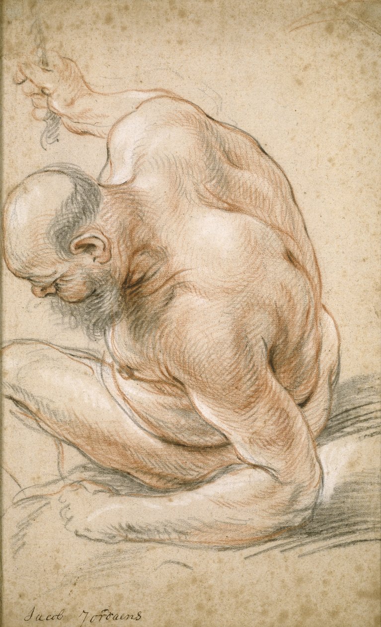 Alaston vanha mies istuu, nojaa kyynärvarteensa, kasvot vasemmalle, n. 1640 tekijältä Jacob Jordaens