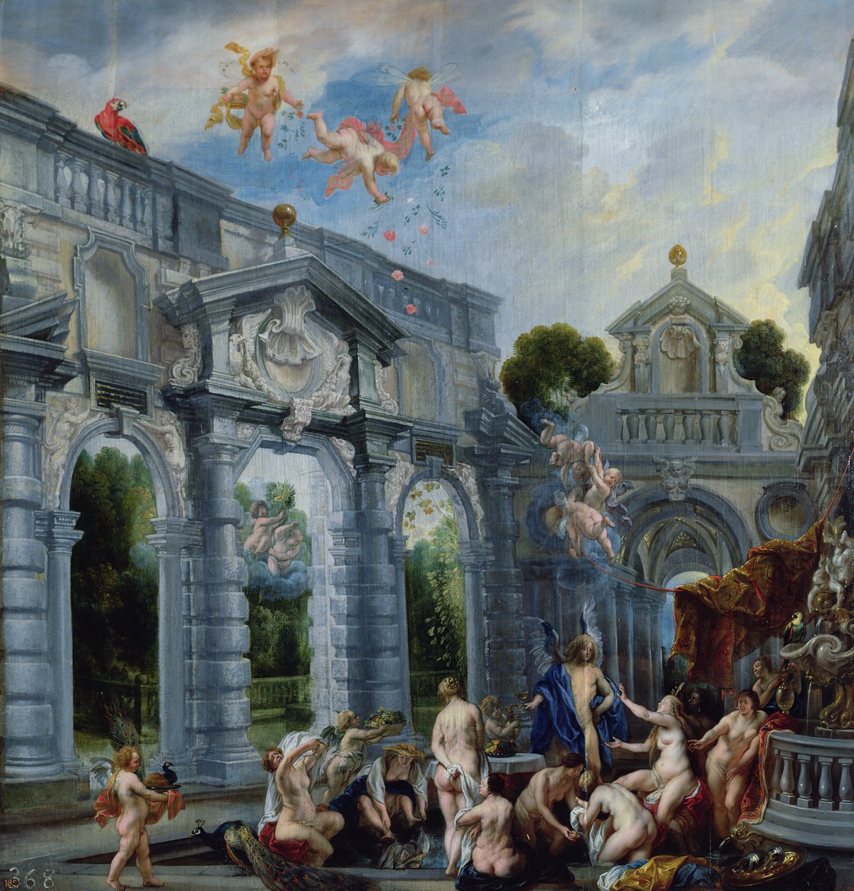 Nymphs at the Fountain of Love, n. 1630 (öljy kankaalle paneelin taustalla) tekijältä Jacob Jordaens