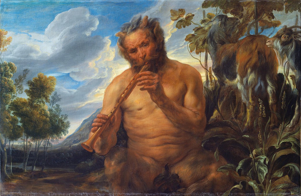 Satyr Playing the Pipe (Jupiterin lapsuus) - Jacob Jordaensin (1593-1678) maalaus, öljy kankaalle, n. 1639, 99x155,5 cm - Satyr Playing the Pipe (Jupiterin lapsuus), öljy kankaalle, Bil Jacob Jordaens - Art. Museo tekijältä Jacob Jordaens