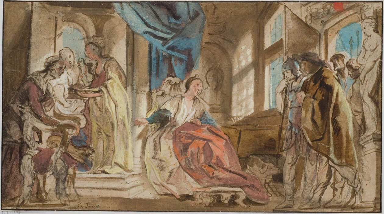 Telemakhos johdattaa Theoklymenoksen äitinsä Penelopen eteen tekijältä Jacob Jordaens