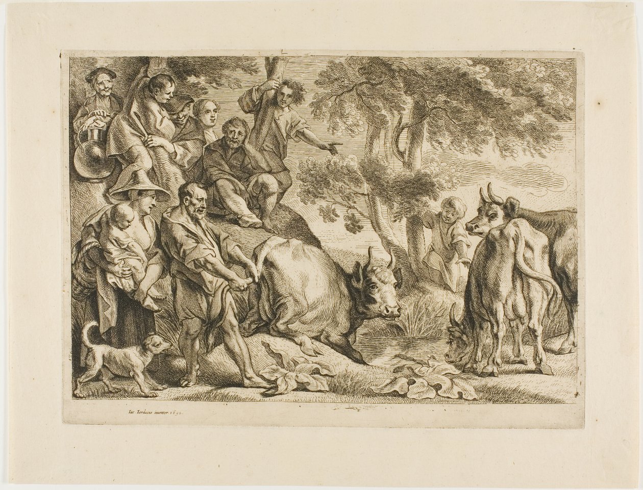 Mestari vetää lehmän ulos ojasta sen hännästä tekijältä Jacob Jordaens