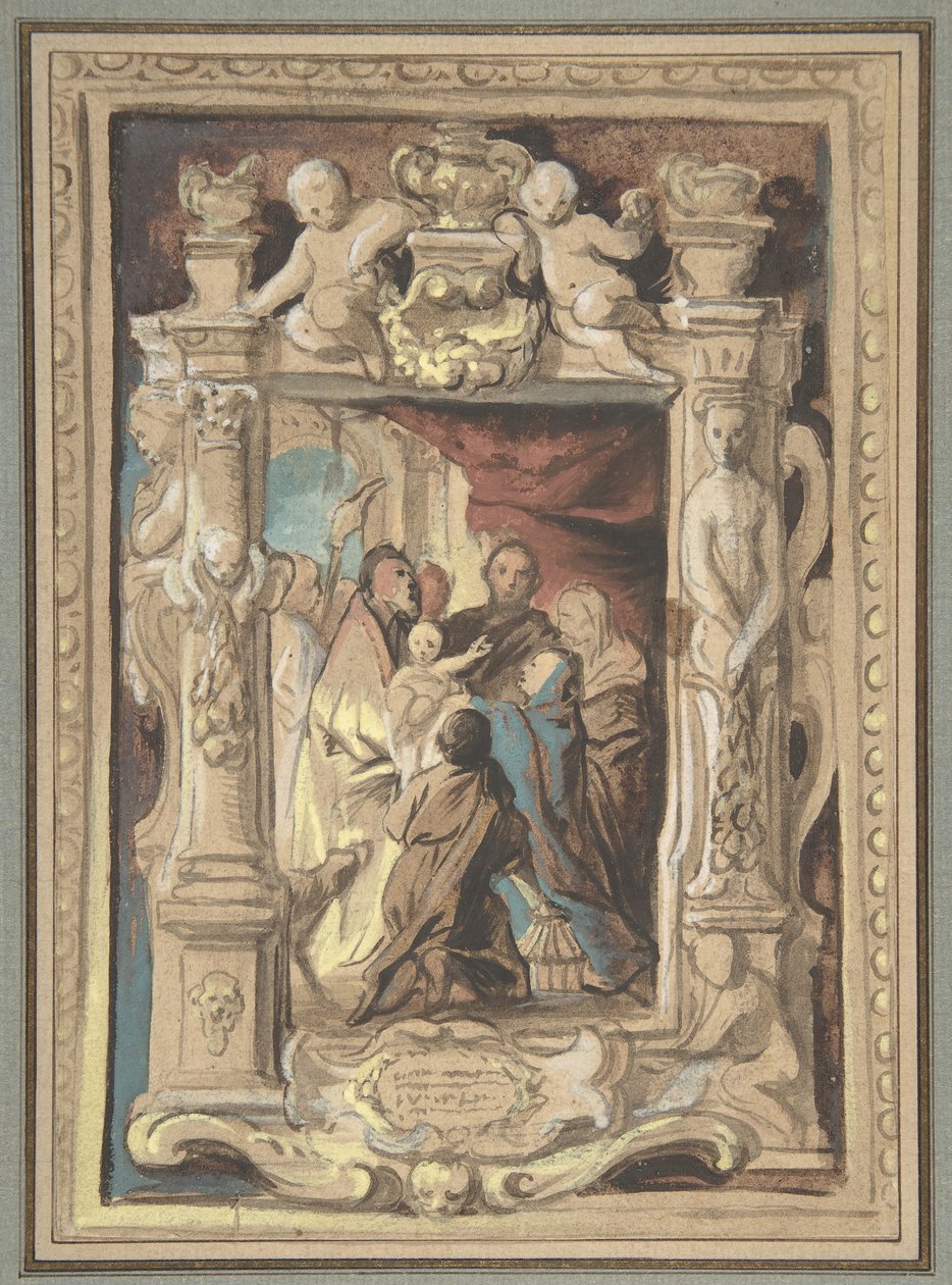 Esitys temppelissä, jossa on muotoiltu veistoksellinen kehys, n. 1630-1635. tekijältä Jacob Jordaens