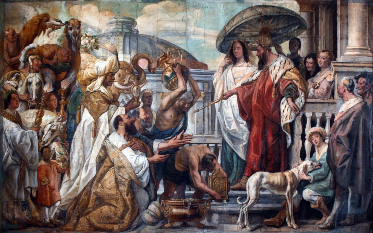 Kalifi Harun al-Rashidin lähettiläitä tarjoamassa kelloa Kaarle Suurelle, 1660 tekijältä Jacob Jordaens