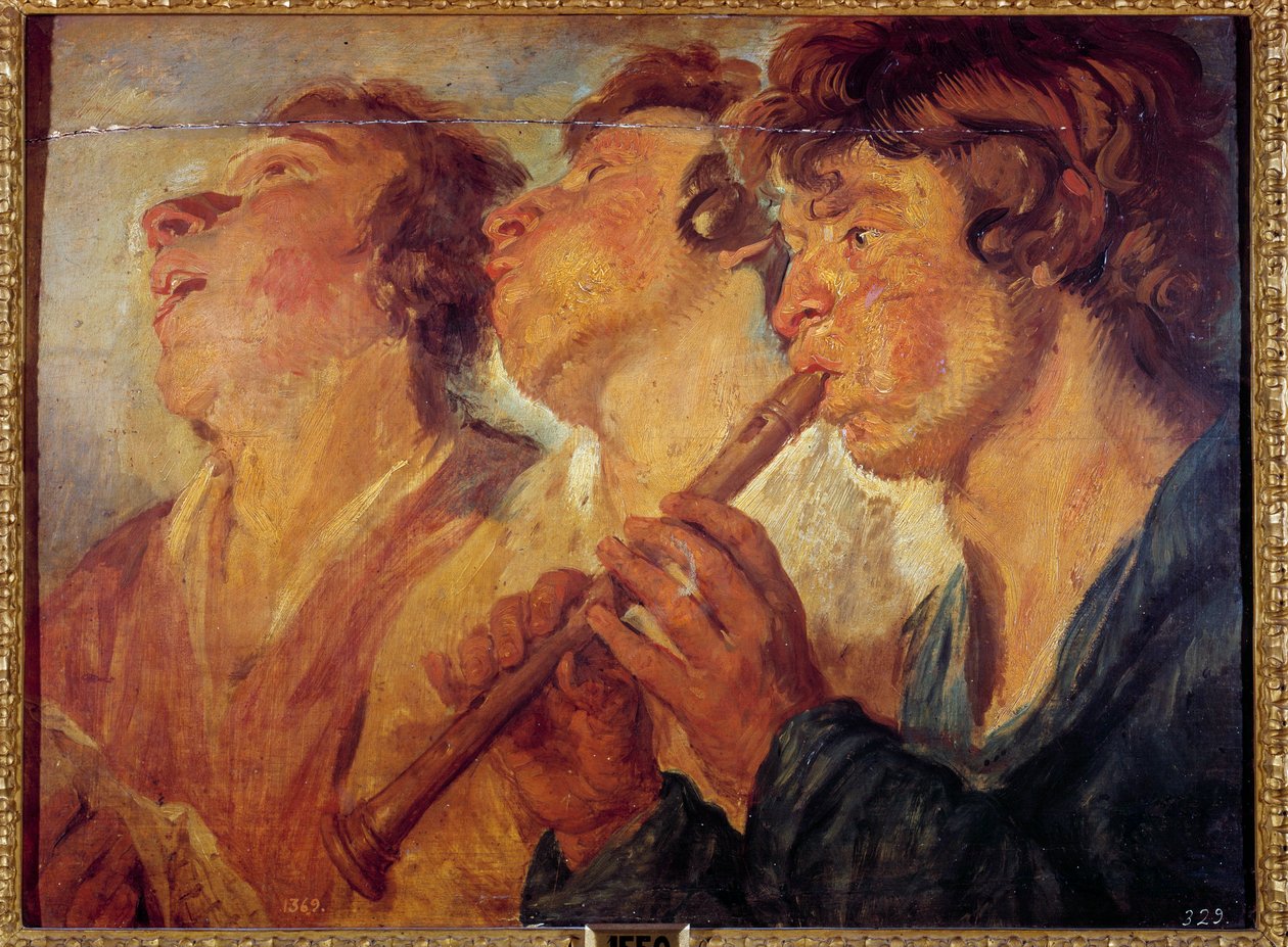 Kolme matkustavaa muusikkoa Jacob Jordaensin (1593-1678) maalaus (ec.flam.) 1600-luvun Madrid, Prado-museo tekijältä Jacob Jordaens