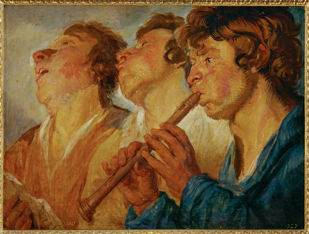 Kolme vaeltavaa muusikkoa, kaksi laulaa, kolmas soittaa... (maalaus puulle) tekijältä Jacob Jordaens
