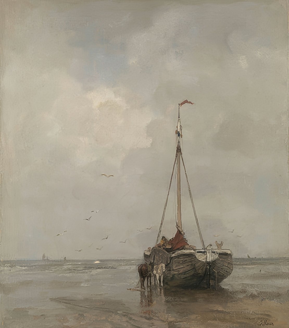Kalastusvene leveällä keikalla Scheveningenin rannalla. Noin 1885 tekijältä Jacob Henricus or Hendricus Maris