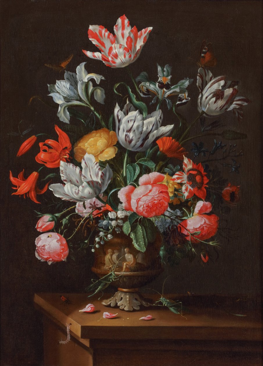 Tulppaaneja ja muita kukkia maalatussa kivitavarasta valmistetussa barokkimaljakossa puisella reunalla, n.1630-60 (öljy kankaalle) tekijältä Jacob Marrel