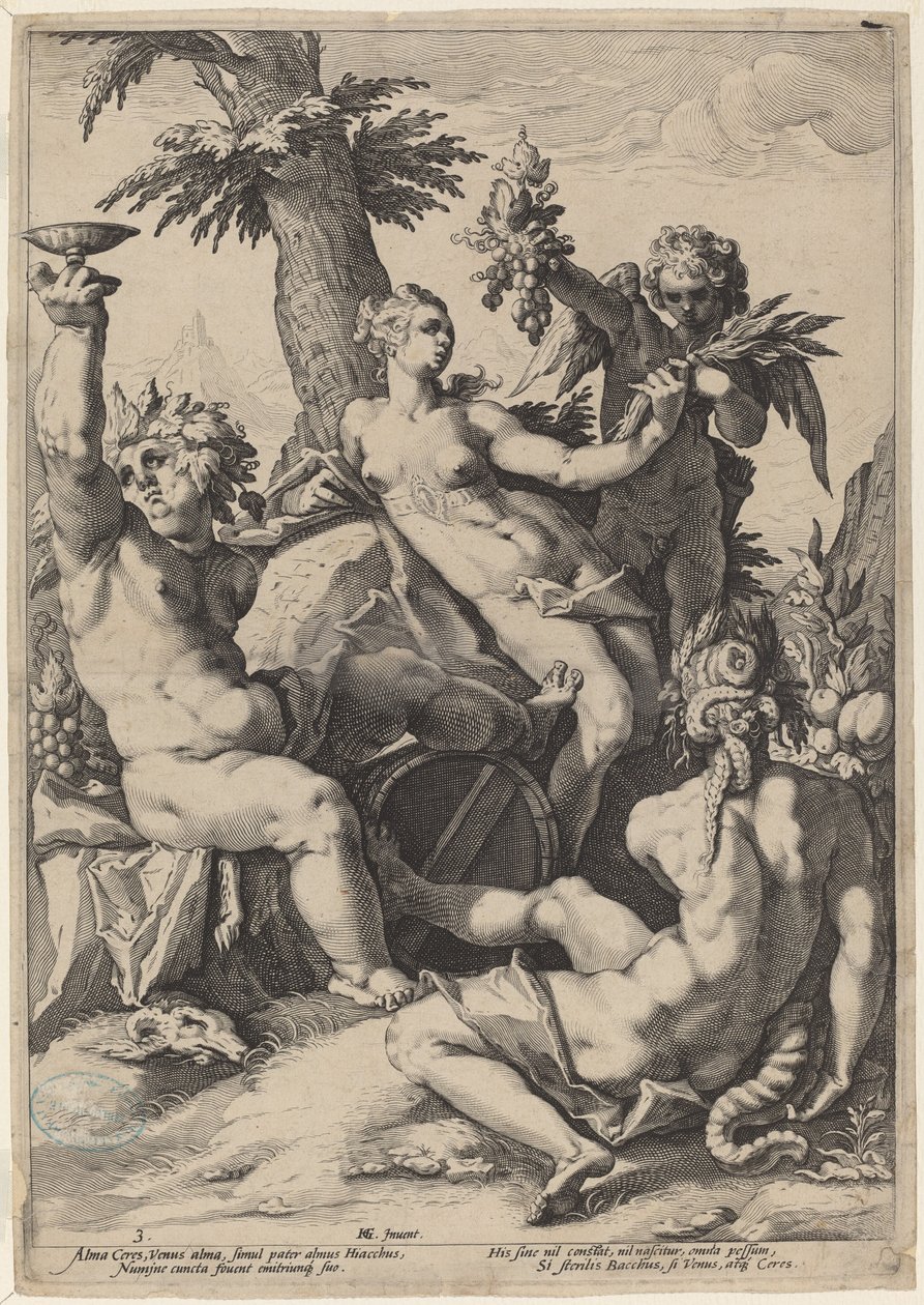 Venuksen liitto Bacchuksen ja Ceresin kanssa tekijältä Jacob Matham, after Hendrick Goltzius