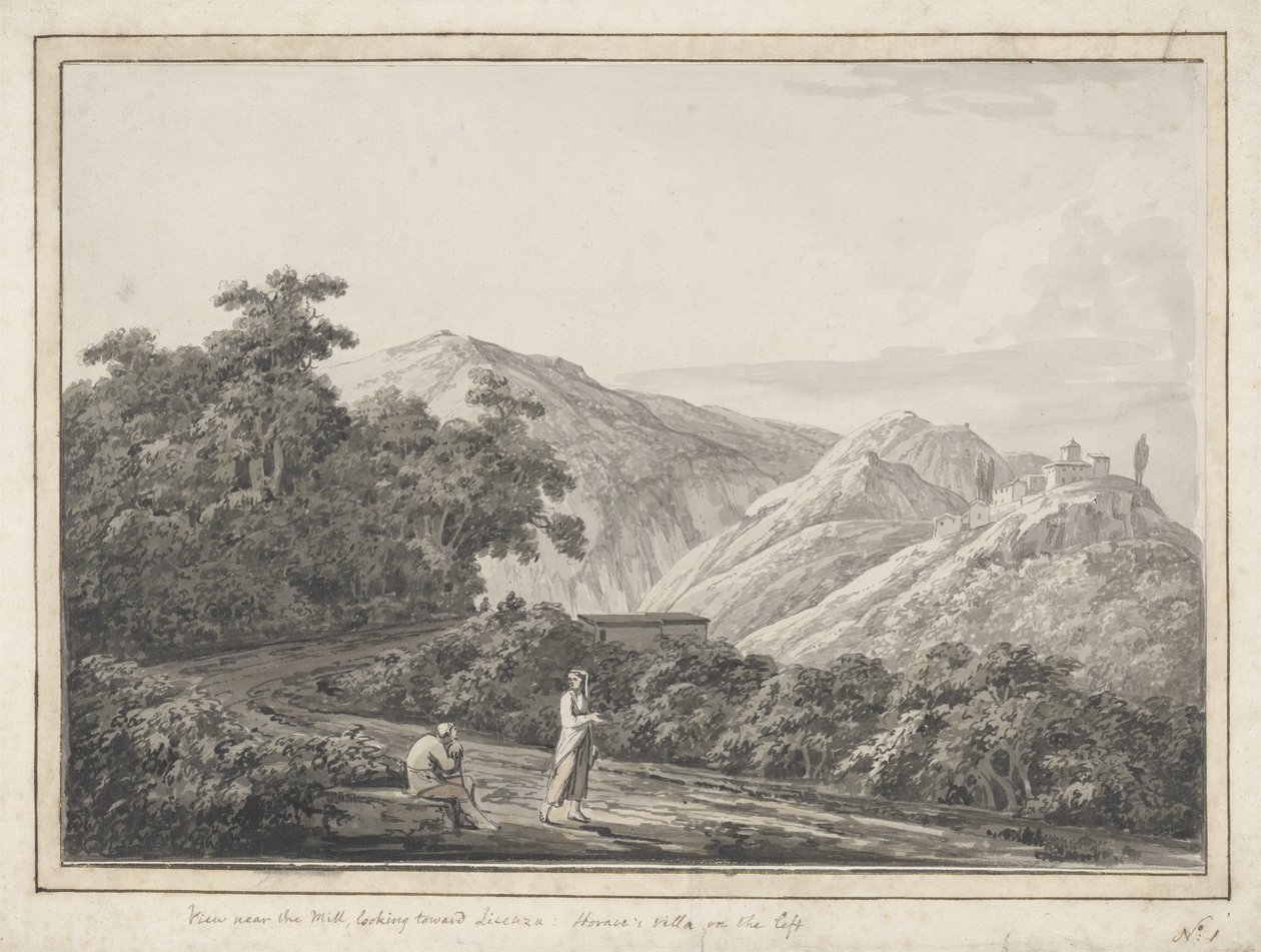 Näkymä tehtaan lähellä Licenzaan päin: Horaces Villa vasemmalla, 1783 (harmaa pesu kynällä ja mustalla musteella paperilla) tekijältä Jacob More