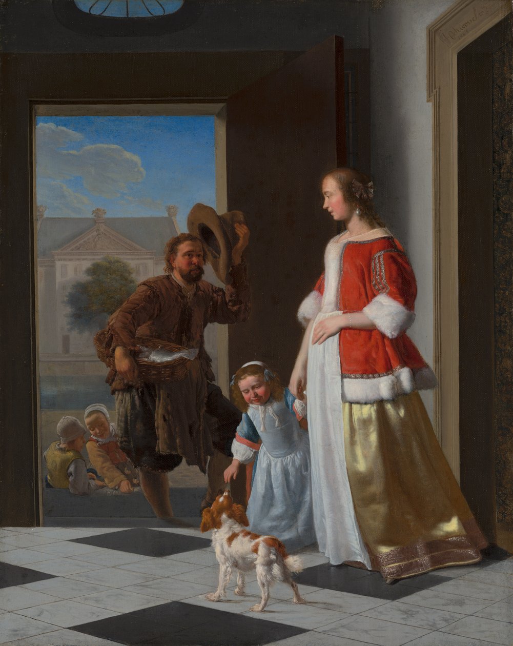 Kalakauppias ovella, 1663 (öljy kankaalle paneelissa) tekijältä Jacob Lucasz Ochtervelt