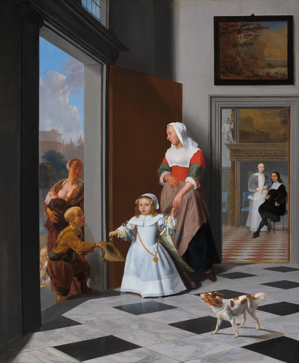 Sairaanhoitaja ja lapsi tyylikkäässä eteisessä, 1663. tekijältä Jacob Lucasz Ochtervelt