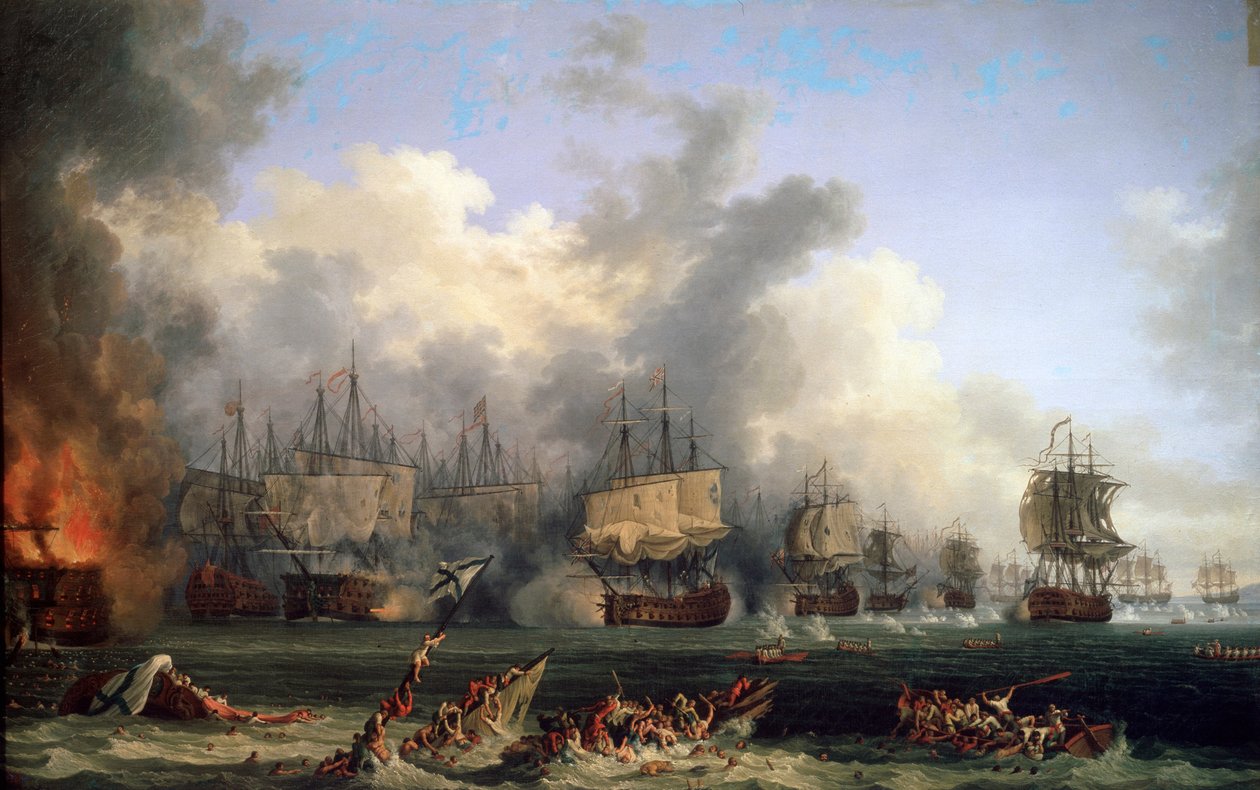 Venäläisen taistelulaivan St. Evstafius uppoaminen Chesman meritaistelussa 1771. tekijältä Jacob Philipp Hackert