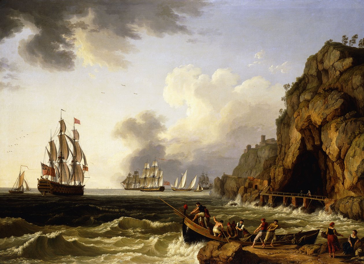 Näkymä rannikolle lähellä Napolia, jossa Britannian kuninkaallisen laivaston kolmikerroksinen purjehtii Punaisen varaamiraalin lippua, 1777 tekijältä Jacob Philippe Hackert