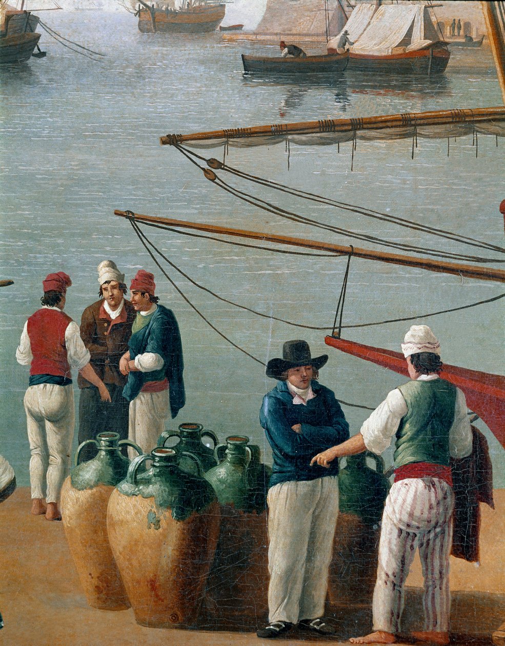 Kalastajat ja oliiviöljykauppiaat Napolissa, Italiassa (Kalastajat, oliiviöljykauppiaat Napolin satamassa) Jacob Philipp Hackertin maalaus dit Hackert d