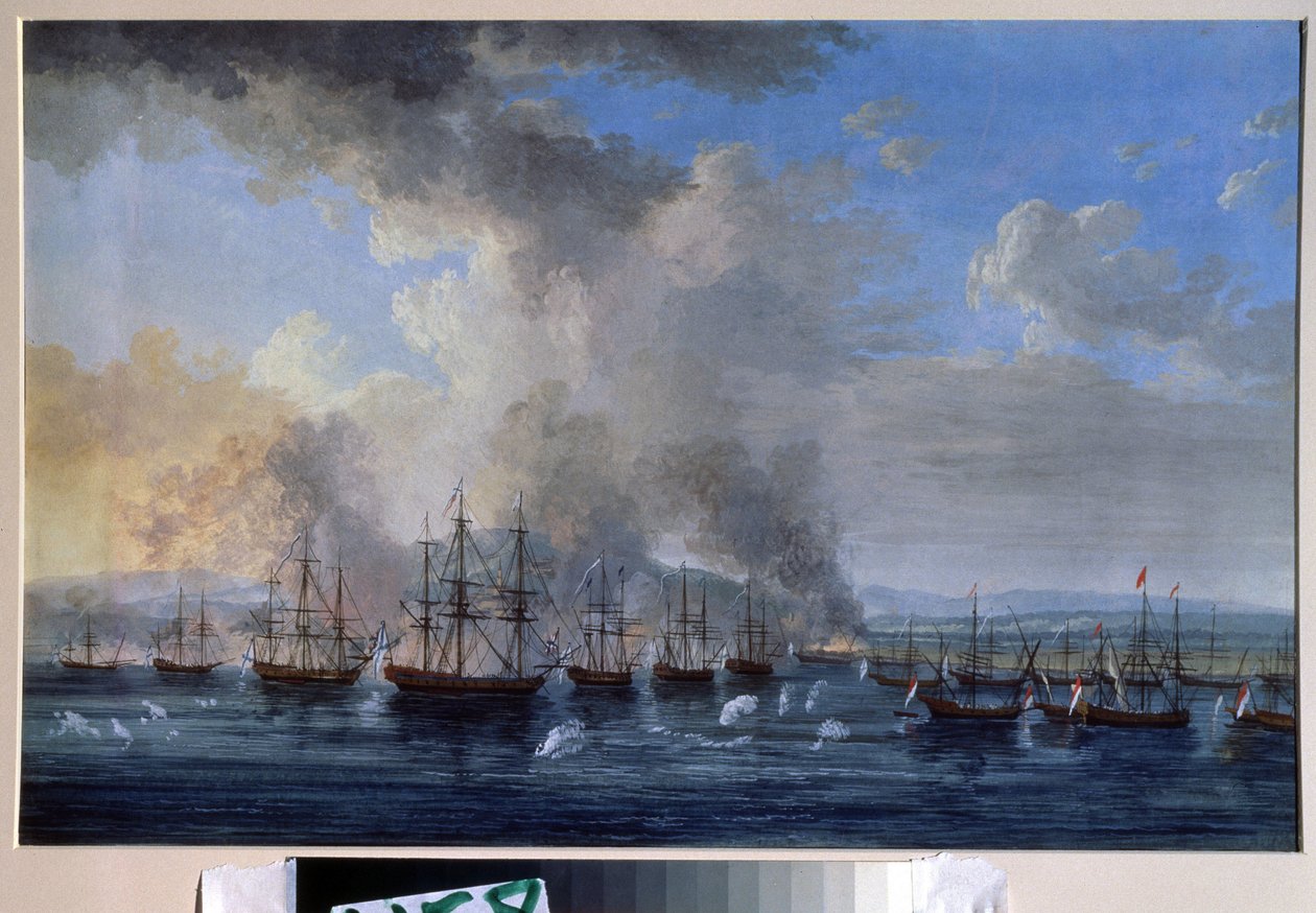 Venäjän ja ottomaanien sota: "Damiettan meritaistelu 1770" (Damiettan meritaistelu vuonna 1770) Se vastusti Katariina II:n Venäjän ja Ottomaanien valtakunnan laivastoja (Orloffin vallankumous tai Orloffin veljien retkikunta). Maali tekijältä Jacob Philippe Hackert