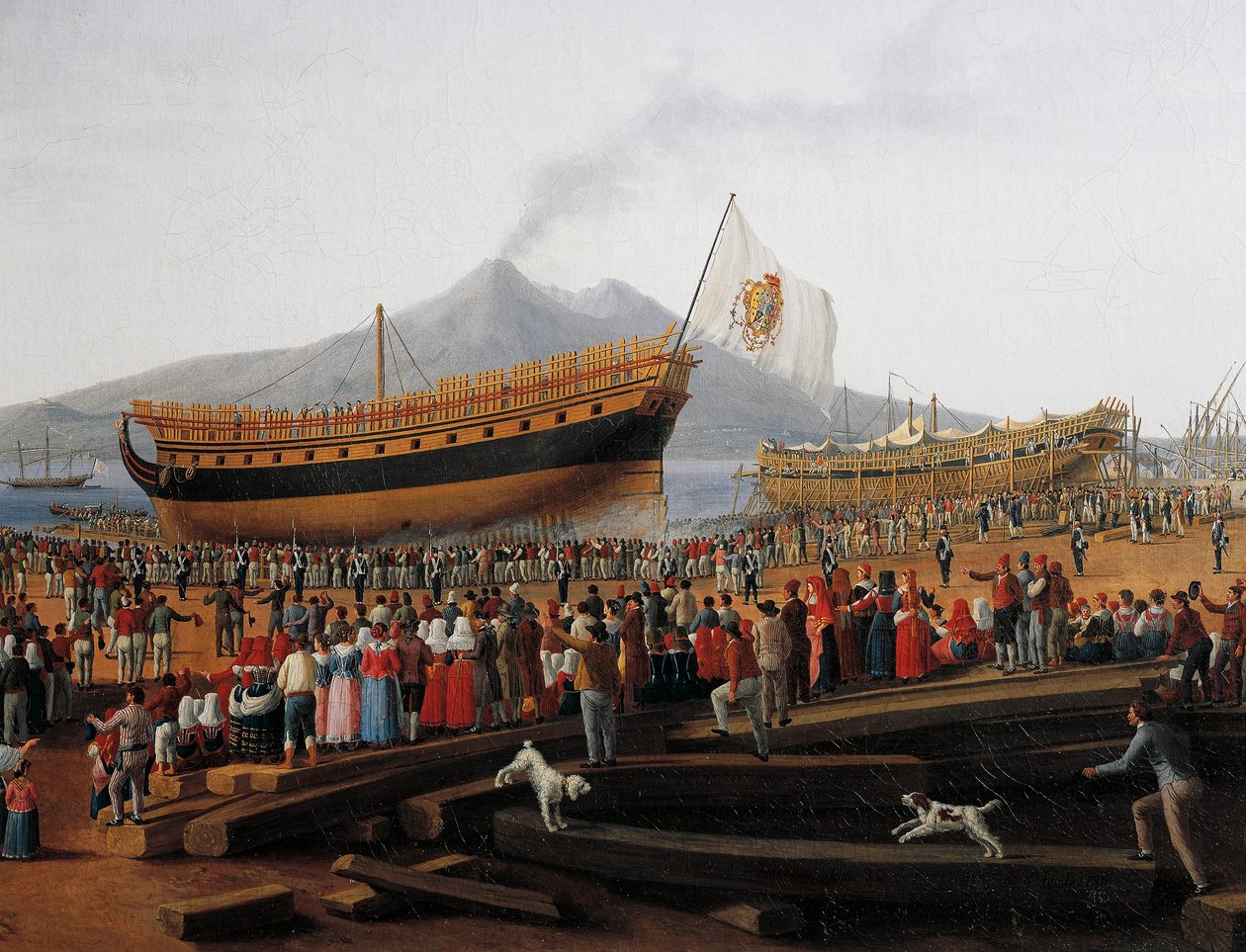 Laivan laukaisu Castellammare di Stabian telakalla (öljy kankaalle) tekijältä Jacob Philippe Hackert