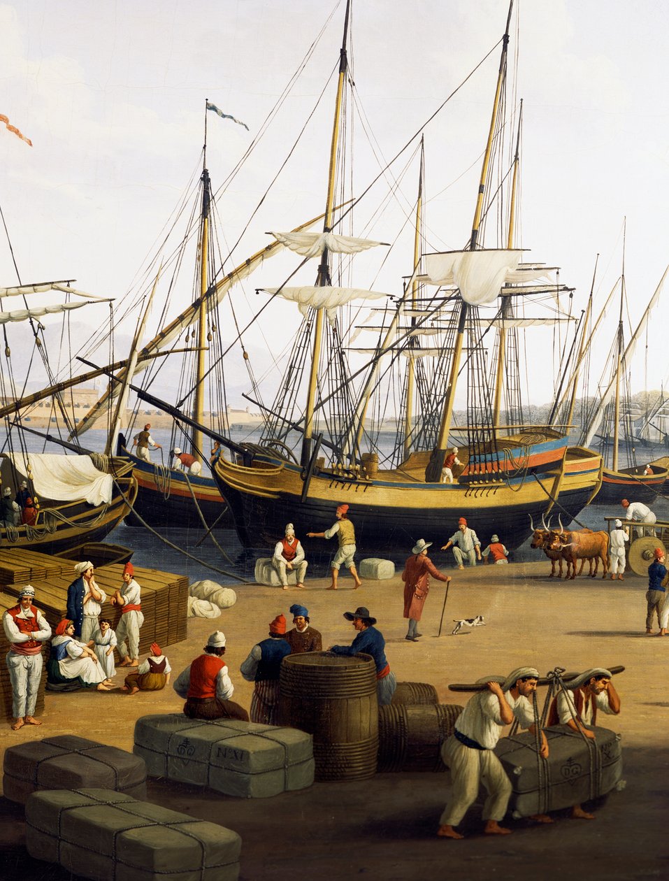 Longshoremen, yksityiskohta näkymästä Messinan satamaan Palazzo del Senatosta tekijältä Jacob Philippe Hackert