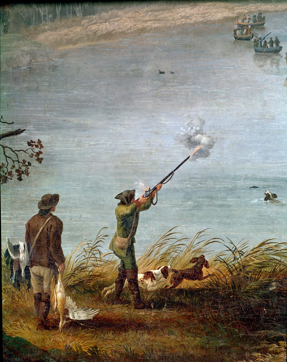 Kahden Sisilian Ferdinand I:n (tai napolin Ferdinand IV:n) (1751-1825) nokimetsästys Fusaro-järvellä lähellä Napolia, Italiassa (Ferdinand IV metsästää nokikkaa Fusarojärvellä) Yksityiskohta - Jacob Philipp Hackertin maalaus dit Hackert d