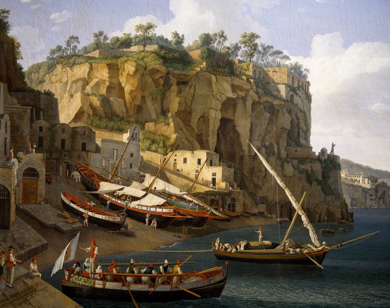 Näkymä pieneen venesatamaan Sorrentossa (öljy kankaalle) tekijältä Jacob Philippe Hackert