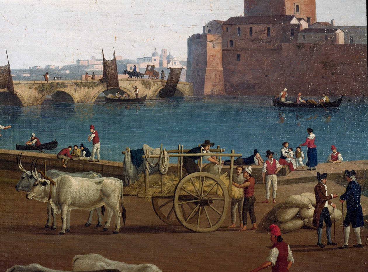 Näkymä Taranton (Taranto) satamasta Italiassa 1700-luvulla Satamassa satamassa tavaroita purkamassa, härän vetämässä vaunussa - Jacob Philipp Hackertin maalaus dit Hackert d