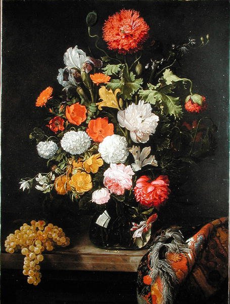Kukkien ja viinirypäleiden asetelma, n. 1675 tekijältä Jacob Rootius