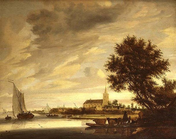 Jokimaisema, jossa lautta etualalla tekijältä Jacob Salomonsz. (circle of) Ruysdael