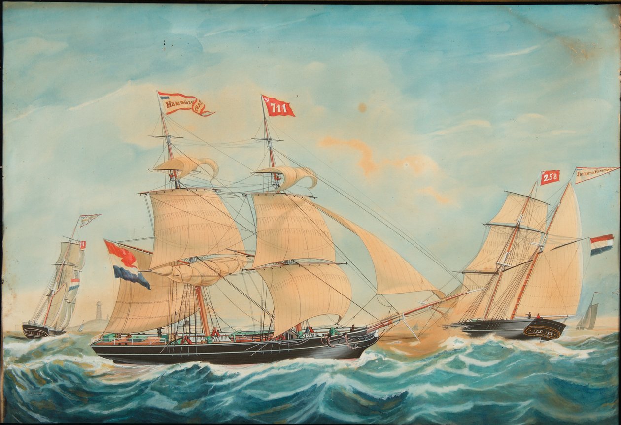 Hendrika Bartina ja Johanna Hendrika purjehtivat lähellä rantaa, 1852 tekijältä Jacob Spin