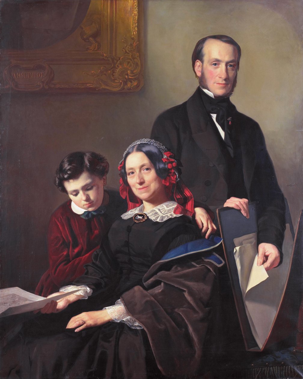 Jacob Spoelin opettajan, taidemaalari Willem Hendrik Schmidtin (1809-49) leski A. J. Schmidt-Keiser veljensä J. N. Keiserin ja hänen kymmenvuotiaan poikansa kanssa. tekijältä Jacob Spoel