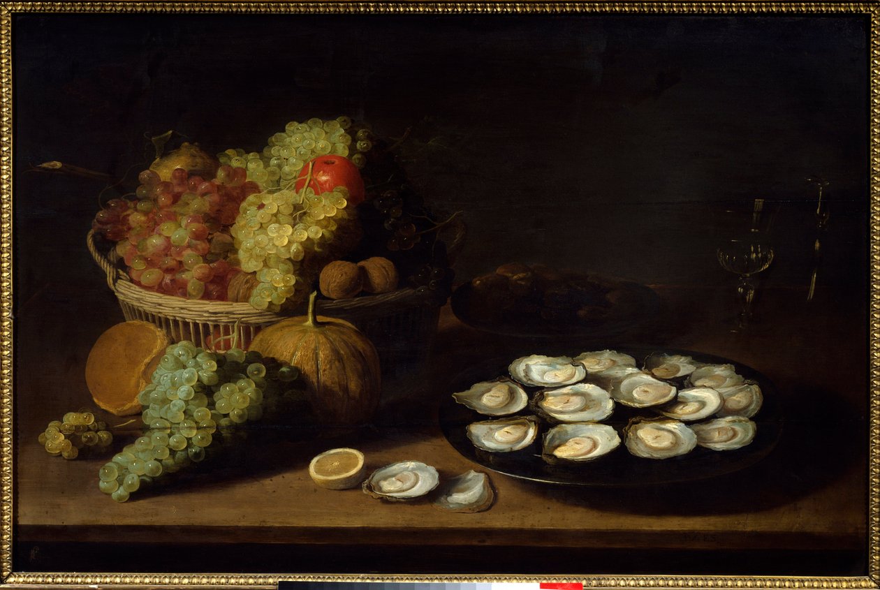 Asetelma, ostereita ja hedelmiä. Maalaus Jacob Fopsen Van Es (n. 1596-1666) Ec. Flam. tekijältä Jacob Van Es